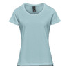 A light blue women's short sleeve tee featuring a round neckline and a logo on the label.