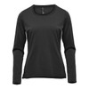 A black long-sleeve tee for women, featuring a round neckline and a logo on the label.
