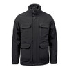 A black jacket with multiple pockets, a high collar, and a logo, designed for outdoor use.