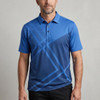 A blue men's polo shirt featuring a geometric design and a logo. The shirt has a collar and buttons.