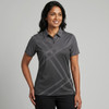 A women's polo shirt in grey with a geometric pattern and a collar. It features a logo on the chest area.