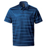 A blue striped polo shirt featuring a collar and short sleeves, with a logo on the chest.