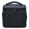 A black cooler bag featuring a zippered top, carry handle, and mesh side pockets, with a logo on the front.