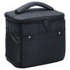 A black cooler bag with a zippered top and a fabric handle, featuring a mesh side pocket and branding.