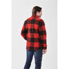 A unisex fleece jacket in red and black check pattern, featuring a collar and a logo on the back.