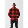 A unisex fleece jacket in red and black check pattern, featuring a high collar and full back view.