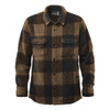 A unisex caribou fleece jacket in brown and black check pattern, featuring a button-up front and two chest pockets.