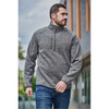 A men's grey 1/4 zip pullover with a high collar and a zip pocket on the chest, featuring a logo.