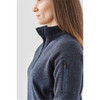 A navy women's pullover with a 1/4 zip, featuring a zippered pocket on the sleeve and a sleek design.