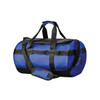 A waterproof duffle bag in blue and black, featuring adjustable straps and a logo on the side.