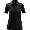A black women's polo shirt with short sleeves and a collar, featuring a logo on the front.