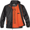 A black and orange men's jacket with an open front, featuring a logo and inner pocket.