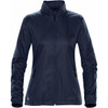 A women's rain jacket in navy blue, featuring a zip front and side pockets. The jacket includes a logo on the lower hem.