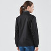 A black rain jacket with a high collar, featuring a logo on the back. Simple and sleek design.