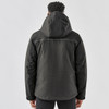 A black men's thermal jacket featuring a hood, showing the back view and a slight logo detail.