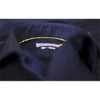A close-up of a men's button-up shirt featuring a navy colour with a yellow accent on the collar. It has a logo.