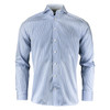 A button-up shirt with a light blue and white striped pattern, featuring a collared neck and long sleeves.