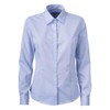 A blue women's button-up shirt with long sleeves and a collar, featuring front buttons and a logo.