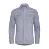 A blue and white check patterned button-up shirt with long sleeves and a collar. The shirt features buttons down the front and a logo.