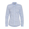 A women's button-up shirt in light blue with a checkered pattern and long sleeves. It features a logo on the chest.