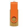 A bamboo flash drive featuring an orange cap and a circular hole for attachment. It has a branding logo.