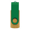 A green and bamboo flash drive featuring a swivel cap design and a circular hole for keyring attachment.