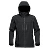 A black softshell jacket with a hood, featuring zippered pockets and a sleek design. It includes a logo on the front.