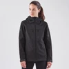 A black softshell jacket with a hood, featuring multiple zippered pockets and a logo.