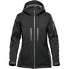 A black women's jacket with a hood, featuring multiple zippered pockets and a sleek design. It has a logo on the side.