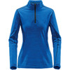 A women's base thermal 1/4 zip jumper in blue with long sleeves and a high collar. It has a branded logo.