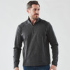 A men's dark grey 1/4 zip pullover jumper with a logo, featuring long sleeves and a collar.