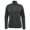 A women's dark grey 1/4 zip pullover featuring long sleeves and a high collar, with a logo on the front.