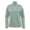 A green women's 1/4 zip pullover jumper with long sleeves and a collar. It features a logo on the front.