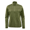 A green women's 1/4 zip pullover jumper features long sleeves and a high collar. It has a logo on the front.