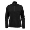 A black women's pullover featuring a quarter zip and long sleeves, with a logo on the sleeve.