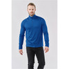 A blue men's pullover with a quarter zip, featuring long sleeves and a fitted design. It has a logo on the front.