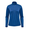 A blue women's pullover with a 1/4 zip and long sleeves. It features a collar and has a logo.
