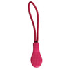 A pink zip puller with a textured grip and a looped cord for easy handling.