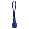A blue zip puller with a textured grip, featuring a looped handle for easy use.
