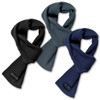 Three cable knit scarves in black, grey, and navy, featuring a logo on each.
