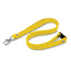 A yellow silicone lanyard with a clip and a soft, flexible strap; features a logo on the clip.