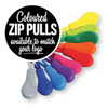 A collection of coloured zip pulls in various shades including blue, purple, pink, yellow, and orange.