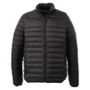 A black puffer jacket with a zip front and a stand-up collar. The jacket features a quilted design and has a logo.