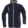 A navy men's softshell jacket featuring a zip front, multiple pockets, and a hood. It includes a logo on the fabric.