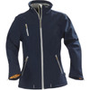 A women's navy softshell jacket featuring a zip front, multiple pockets, and a contrasting inner lining.