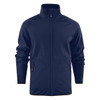 A navy softshell fleece hybrid jacket with a zip front and side pockets. Features a logo on the chest.