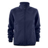 A navy softshell fleece hybrid jacket with a zippered front and side pockets, featuring a logo.