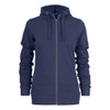 A navy women's hoody featuring a zip front, kangaroo pockets, and a hood. It has a logo on it.