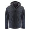 A dark navy softshell jacket with a hood, featuring zippered pockets and a logo on the front.