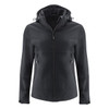 A women's softshell jacket in black with a hood, featuring zip pockets and a sleek design.